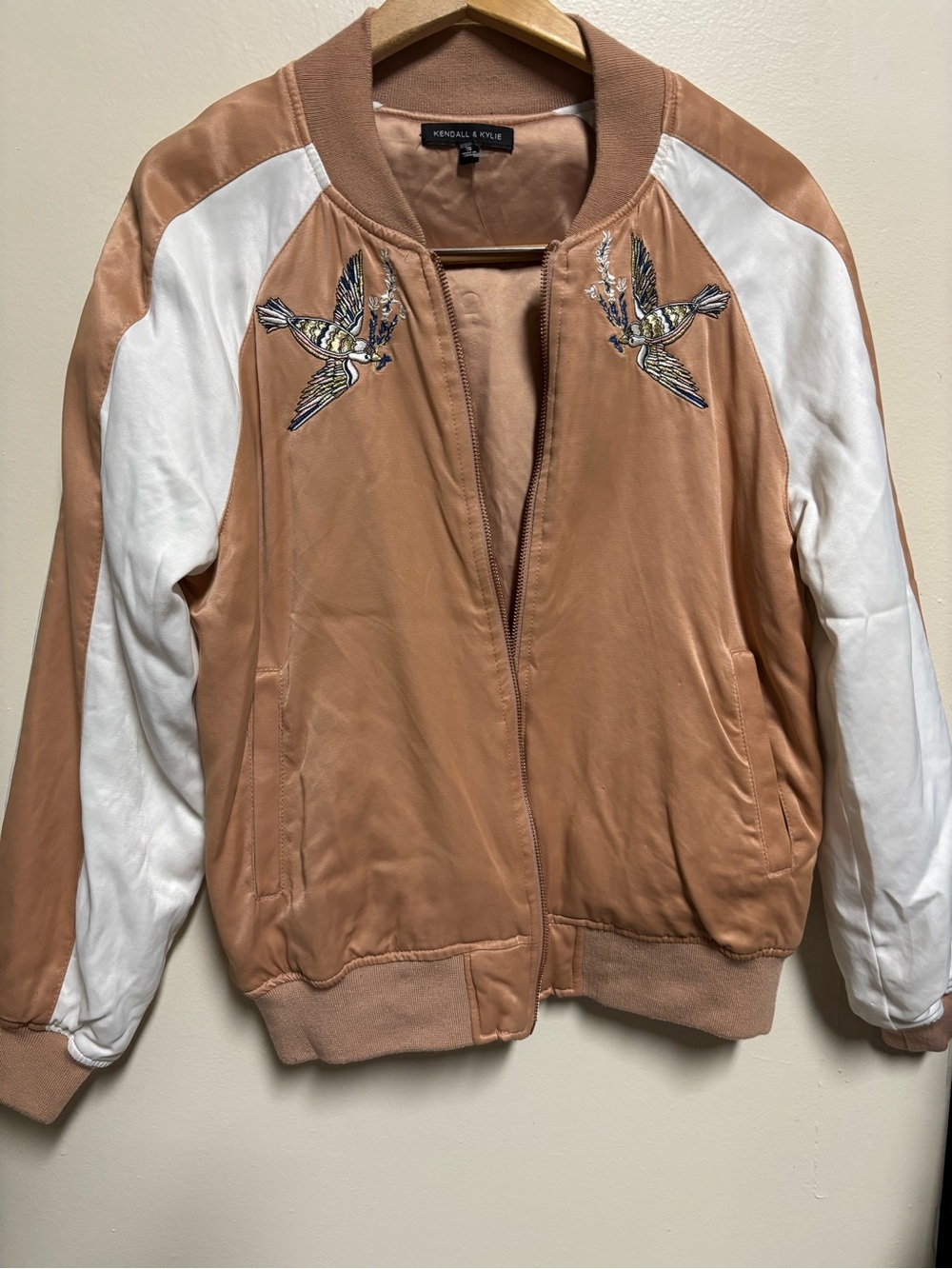 Kendall & Kylie Tan and White Embroidered Bird Bomber Jacket